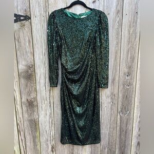 NANETTE LEPORE Emerald Green Sequin Long Sleeve Ruched Waist Dress Sz 6